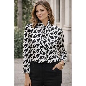 Delfi Collective Silk Tie Neck Blouse Houndstooth Bow Office Chic Size Large